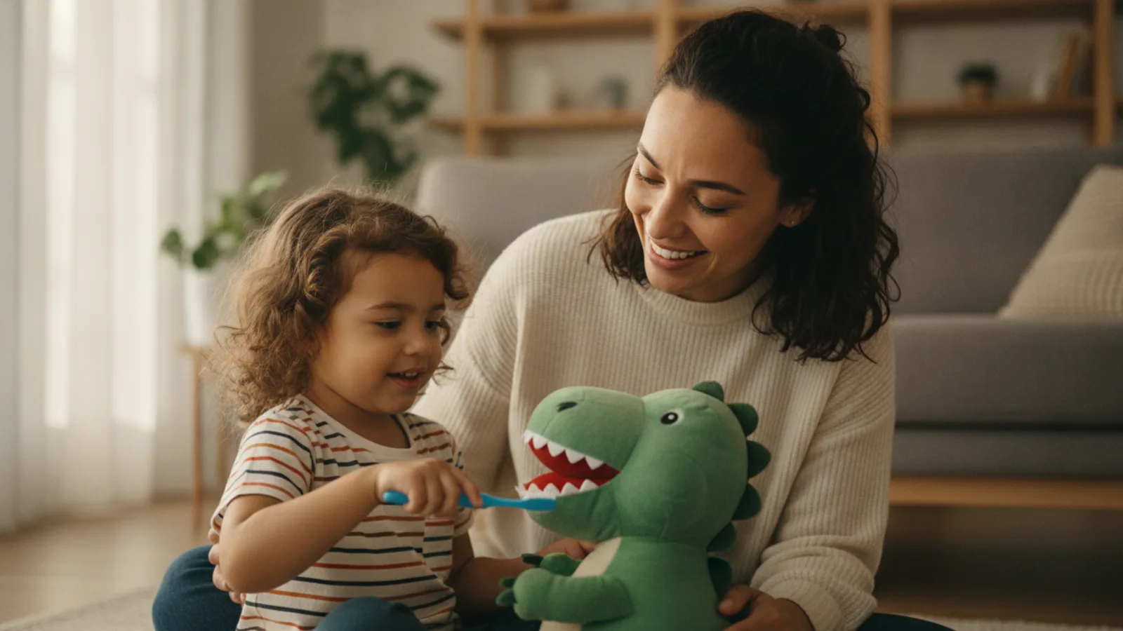 Uma mãe e sua filha de cerca de 4 anos estão sentadas no chão de uma sala, brincando de 'dentista' com um dinossauro de pelúcia, sorrindo e usando uma escova de dentes infantil.