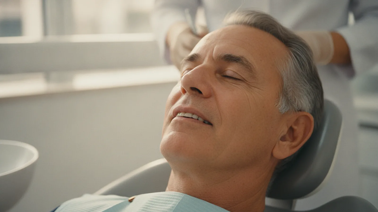 Um homem idoso brasileiro, com cerca de 60 anos, relaxado na cadeira do dentista, transmitindo tranquilidade durante o tratamento.