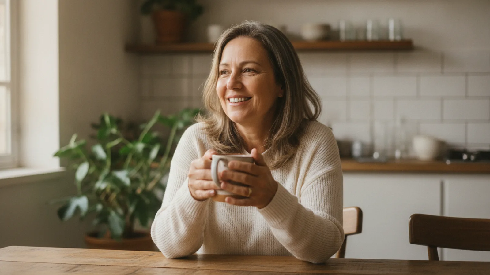 Uma mulher de meia-idade, com um sorriso gentil, segura uma caneca de café na mesa de uma cozinha iluminada pela luz natural.