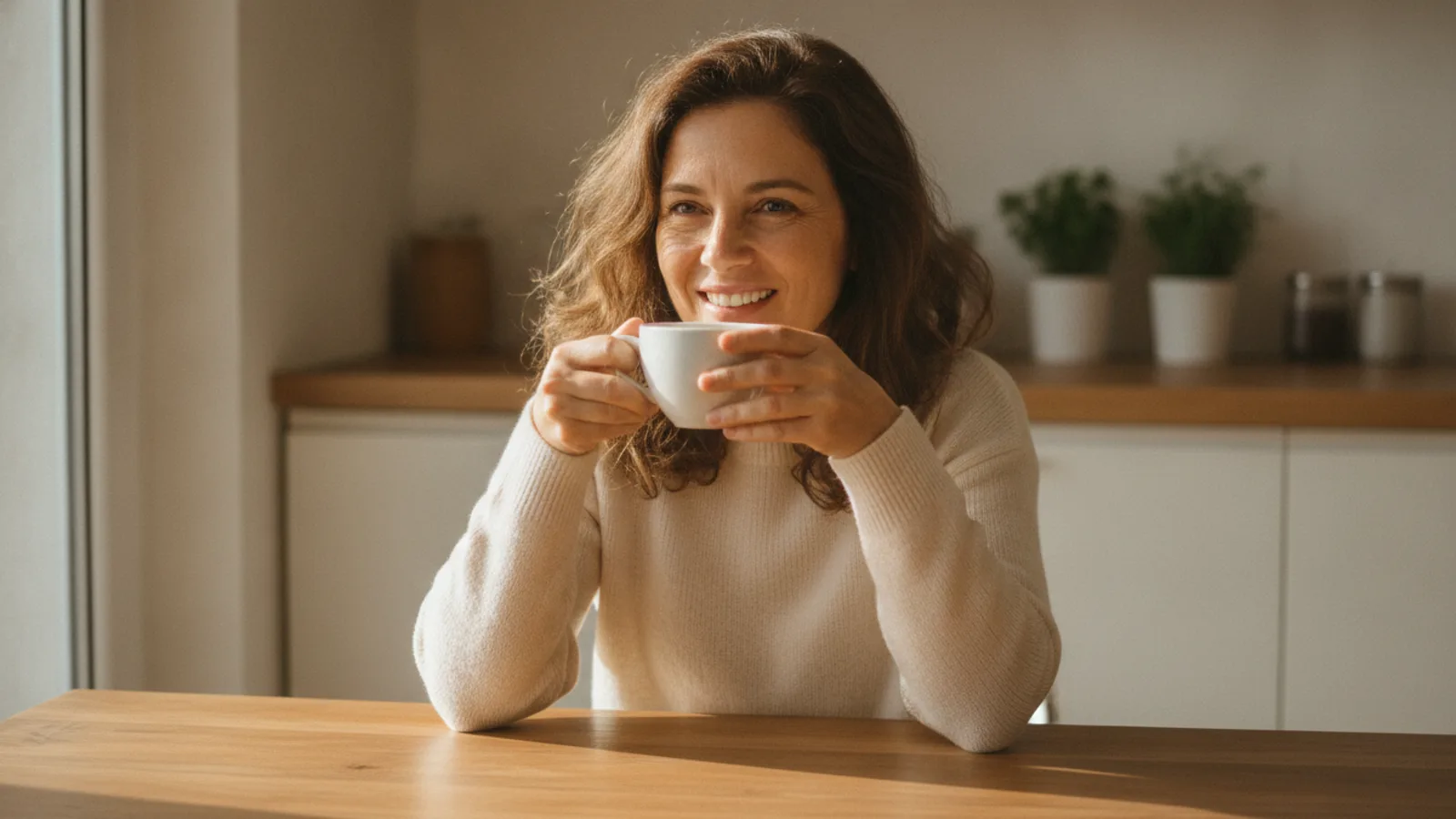 Uma mulher de meia-idade, sorrindo gentilmente, está sentada à mesa da cozinha, tomando café. O ambiente é iluminado pelo sol, transmitindo calma e bem-estar.