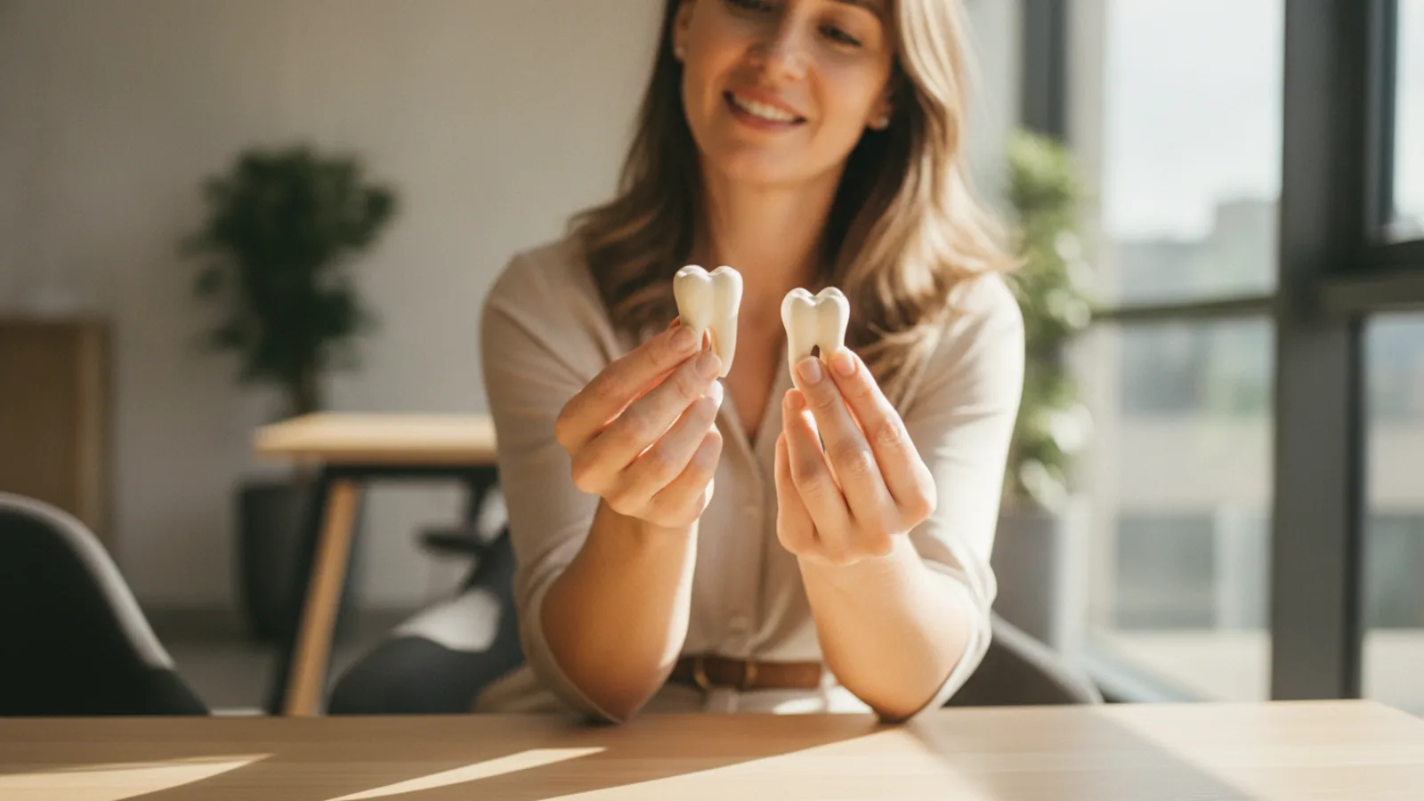 Uma mulher adulta brasileira, com cerca de 35 anos, segurando e comparando dois pequenos modelos de dentes, examinando-os sob a luz em um ambiente de escritório.