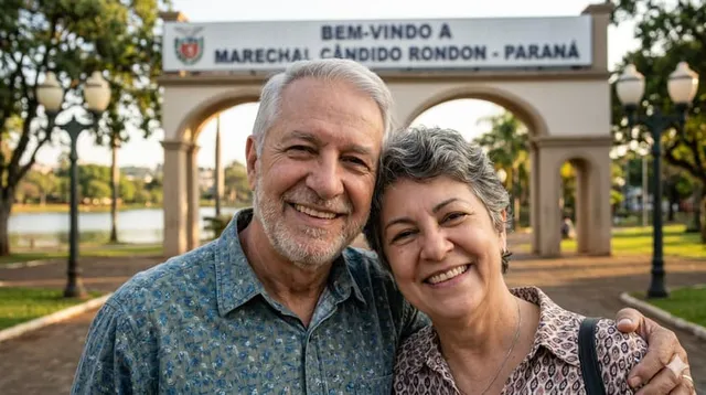 Casal sorrindo no pórtico de boas-vindas de Marechal Cândido Rondon